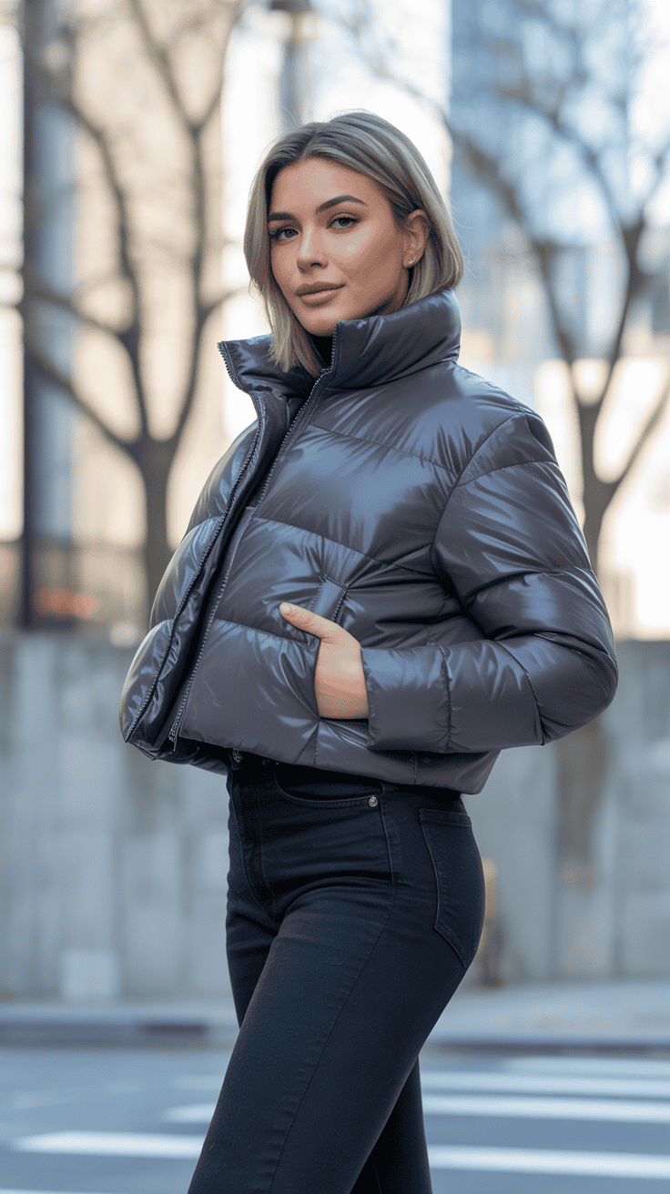 Petite woman wearing a cropped puffer jacket with high-waisted jeans, winter urban backdrop, modern fashion aesthetic, flattering petite proportions.