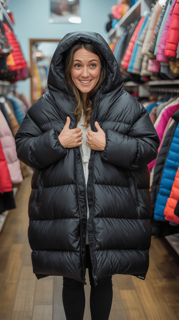 Petite woman trying on an oversized long puffer coat that looks comically large; humorous fashion moment; winter setting; playful tone.