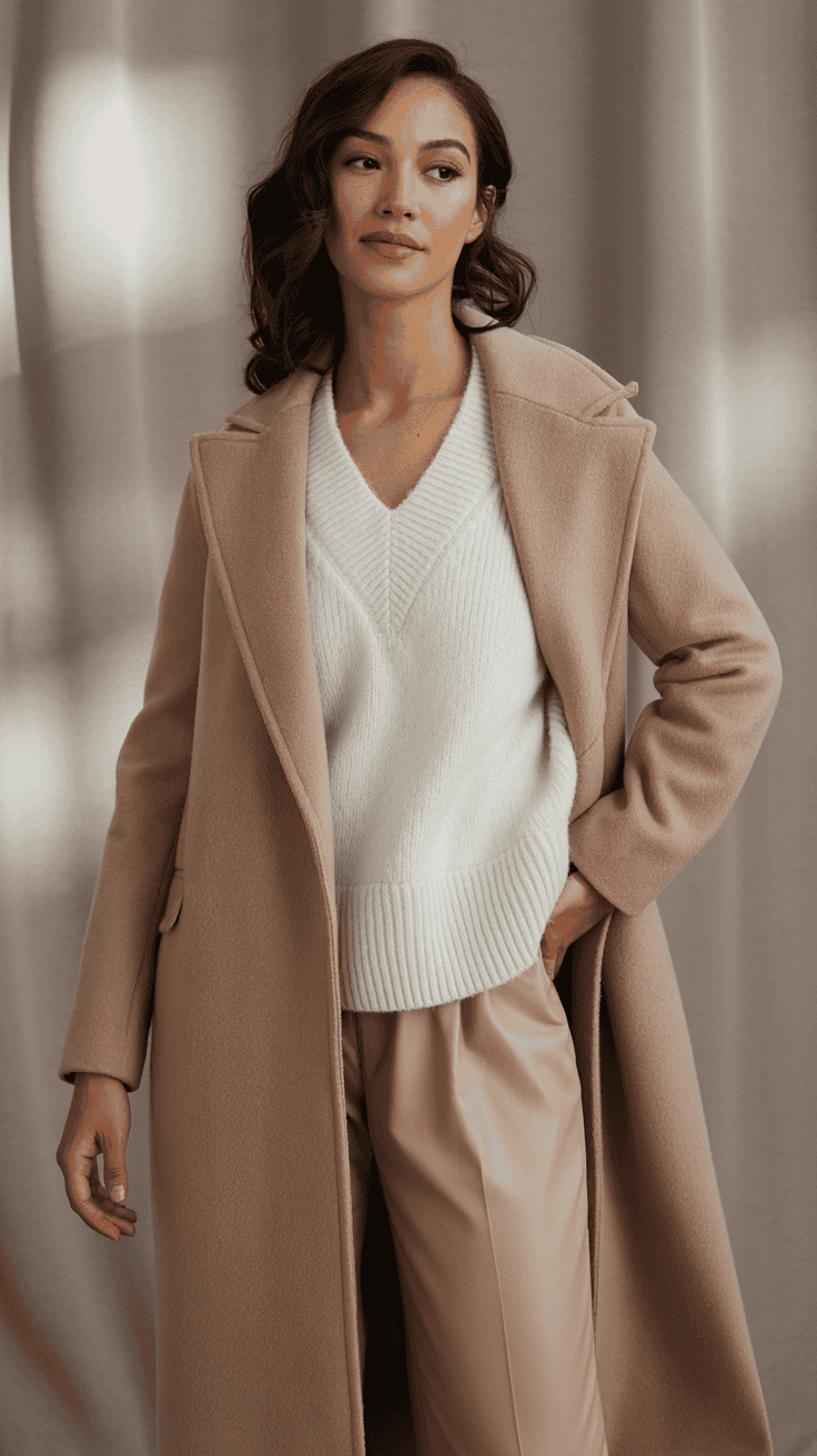 Petite woman in a V-neck winter sweater with a longline coat layered over it, soft neutral palette, flattering elongated neckline.