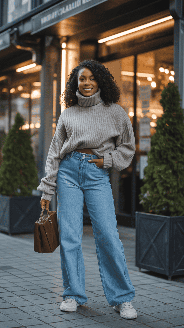 Petite woman wearing high-waisted straight-leg jeans and a winter sweater, warm lighting, modern city vibe.