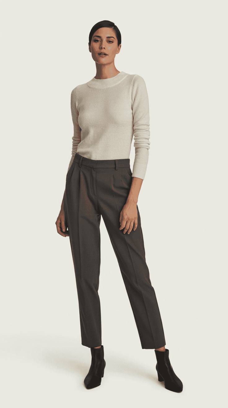 Petite woman in ankle-length tailored trousers styled with a fitted knit and ankle boots; clean background; polished minimal aesthetic.