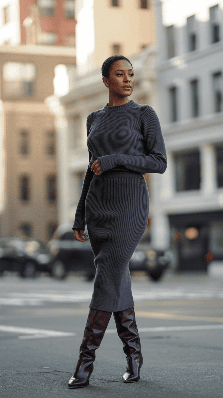 Petite woman wearing a winter rib-knit midi skirt with boots, soft city backdrop, chic and balanced proportions.