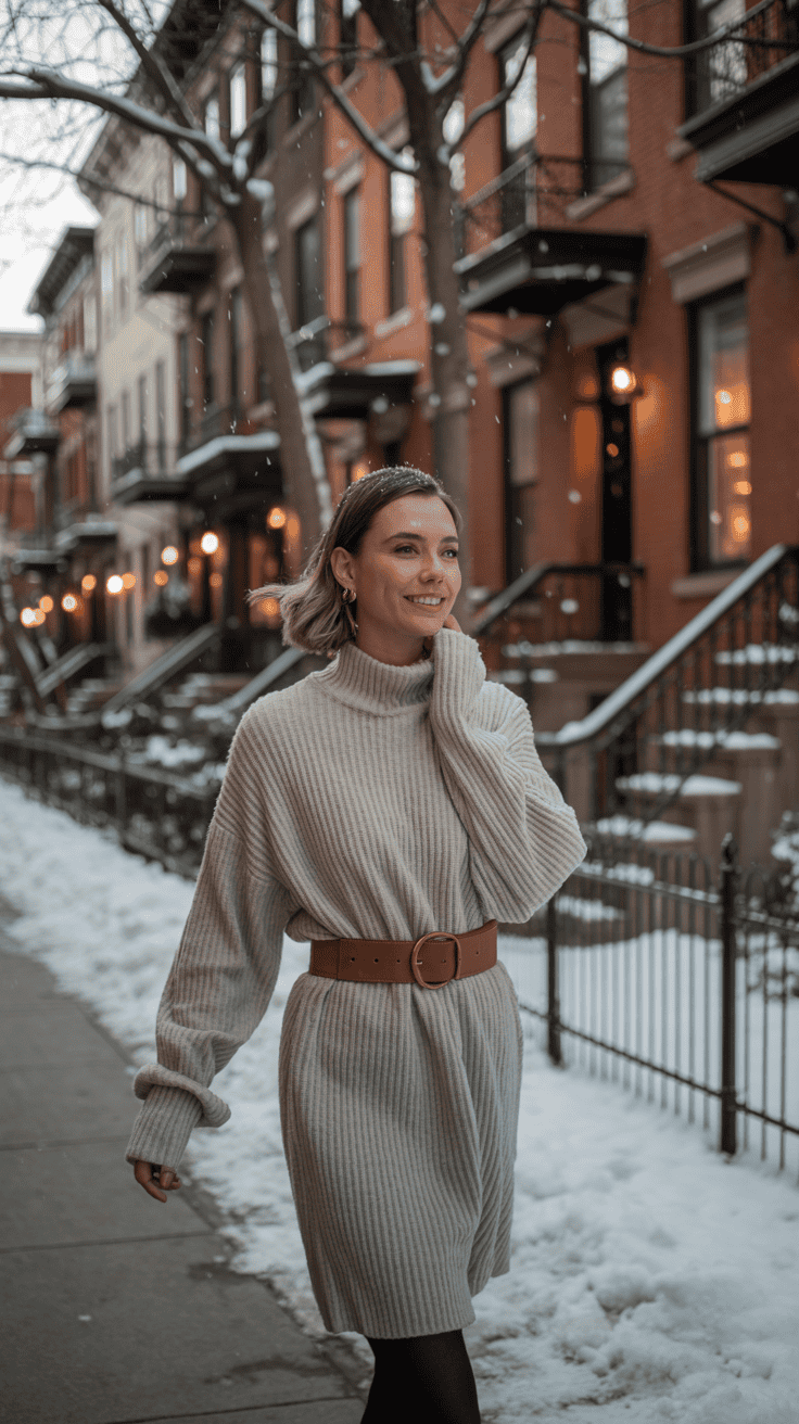 Petite woman wearing a belted ribbed sweater dress, winter street scene, stylish and warm look.