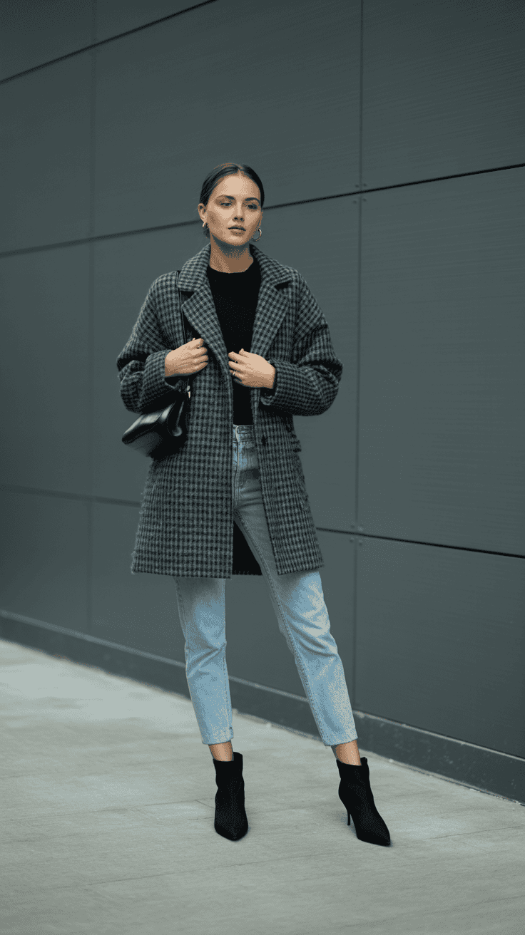 Petite woman wearing pointed ankle boots with slim jeans and a winter coat; modern clean background.