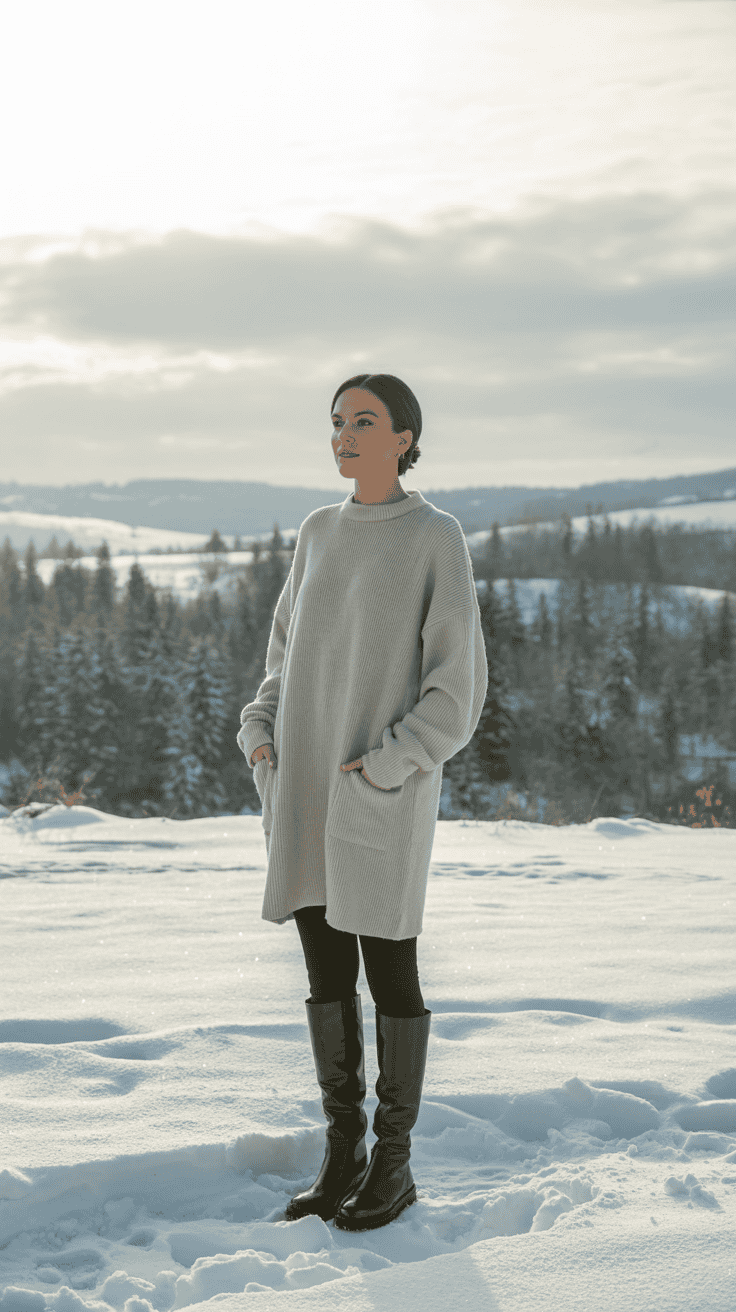 Petite woman in fitted knee-high boots paired with a sweater dress and leggings; winter outdoor scenery.