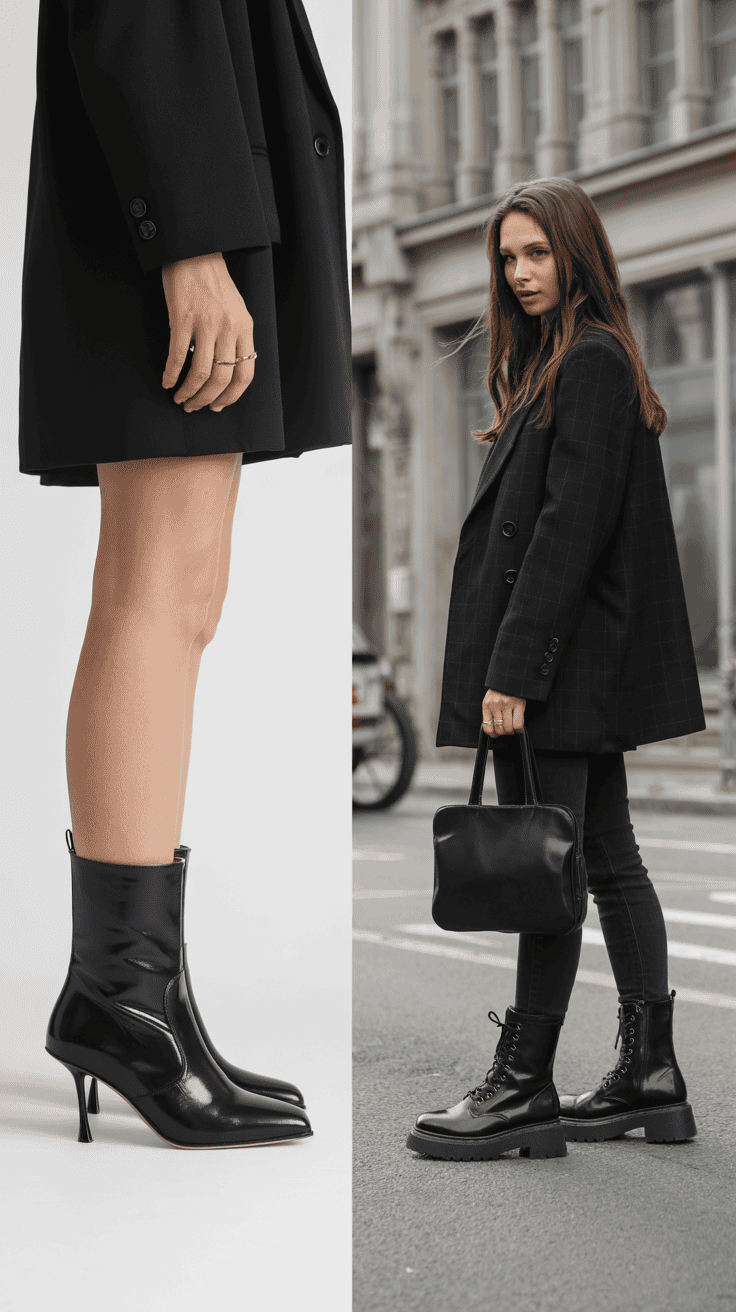Petite woman comparing slim heeled boots to chunky combat boots; split visual; clean fashion-focused background.