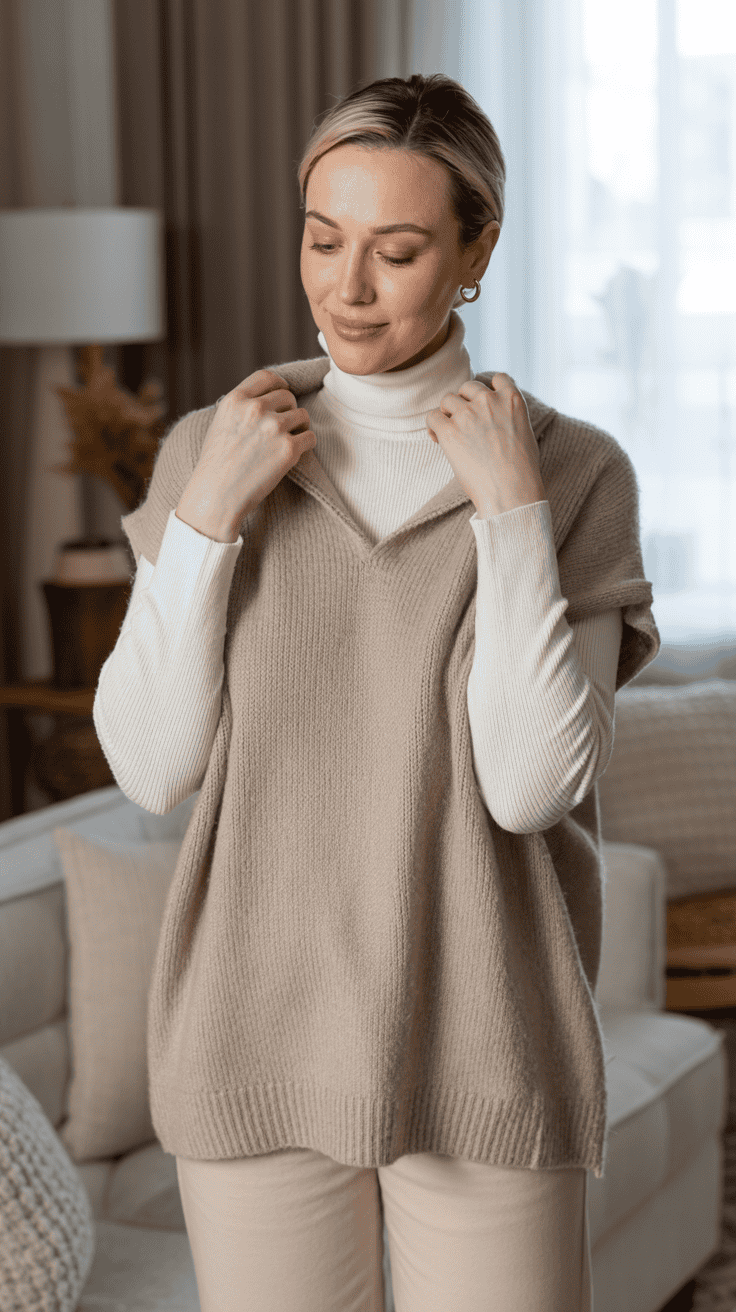Petite woman layering a thin turtleneck under a V-neck knit; cosy indoor scene; neutral colours.