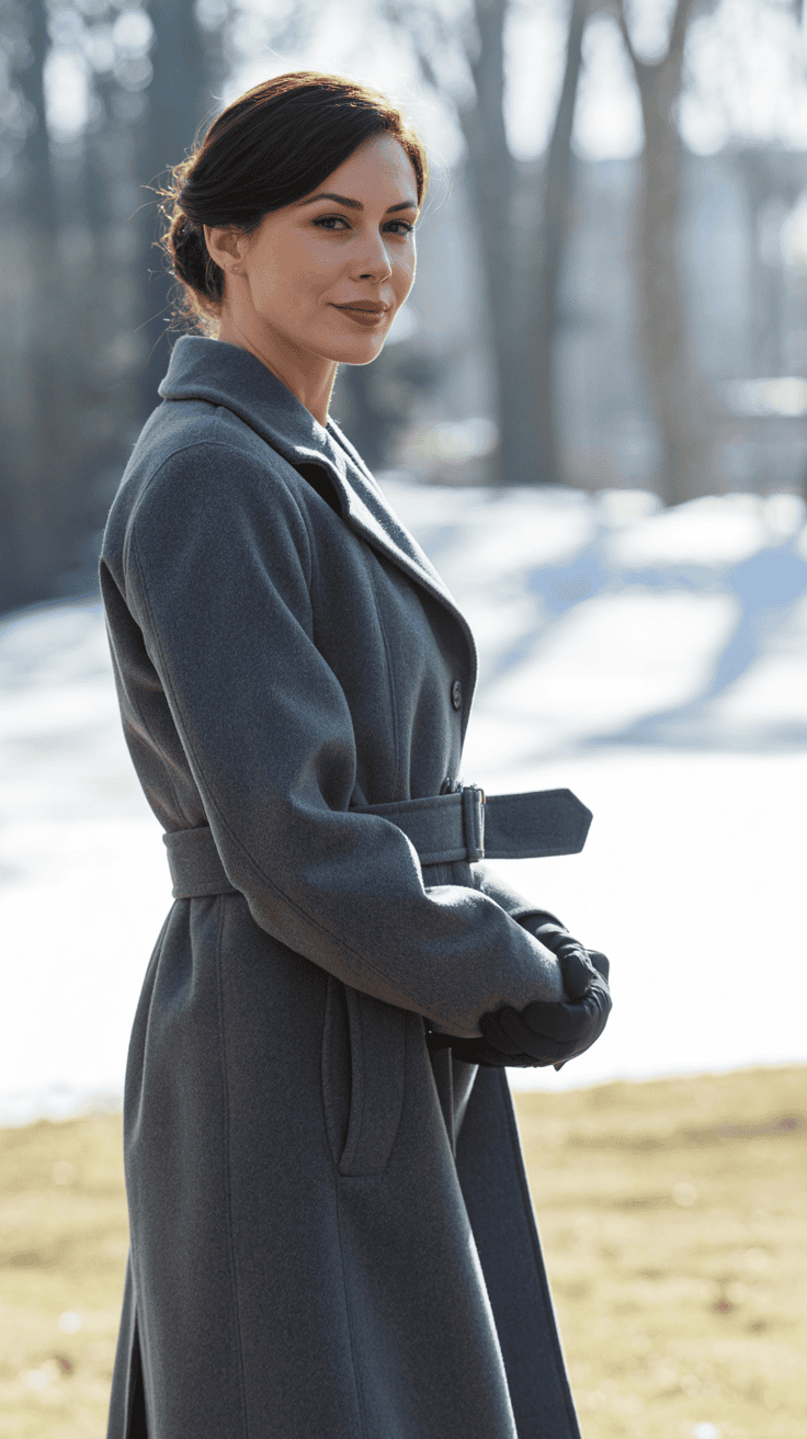 Petite woman belting a winter coat at the waist outdoors, soft natural daylight, flattering silhouette.