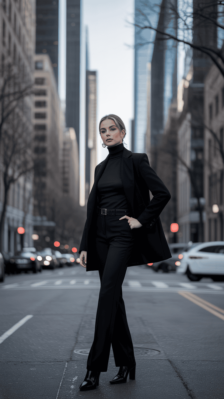 Petite woman wearing an all-black winter outfit—turtleneck, trousers, fitted coat—standing in a city street; tall visual lines.