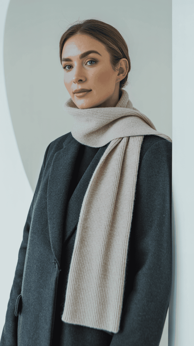 Petite woman wearing a slim ribbed wool scarf with a winter coat, clean minimalist background.