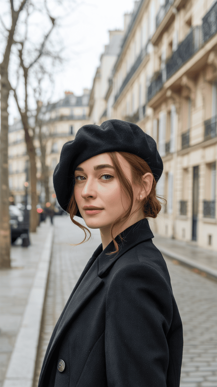 Petite woman in a classic winter beret and fitted wool coat, soft Parisian-style street background.