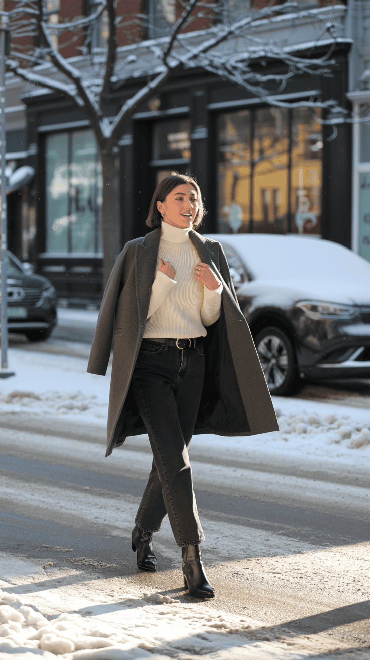 Petite woman in a ribbed turtleneck, straight jeans, belted coat, and ankle boots; crisp winter street setting.