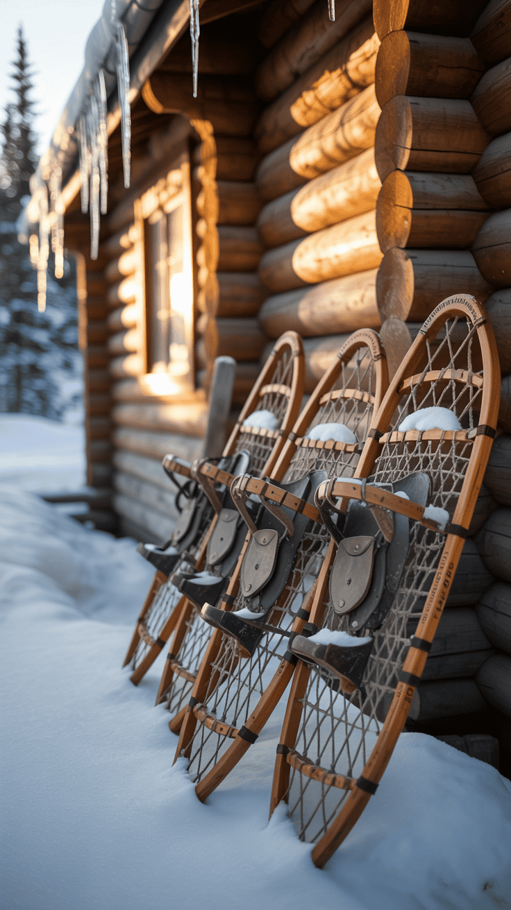 A collection of snowshoes lined up outside a cozy winter cabin.