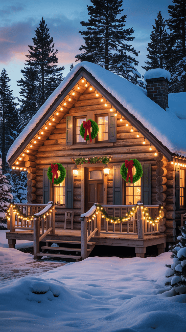A cozy winter cabin decorated with wreaths and lights, surrounded by snow.