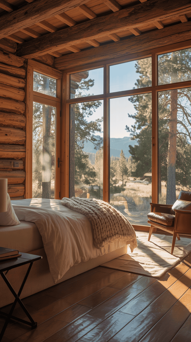 Cozy cabin bedroom with large windows and natural light