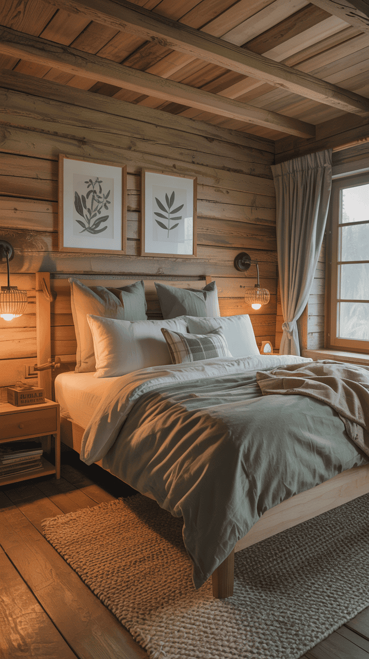 Cozy cabin bedroom with natural wood accents and soft green bedding.