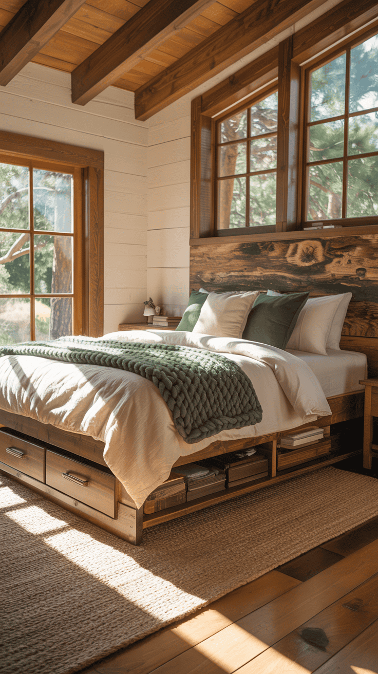 A cozy cabin bedroom featuring a bed with storage drawers, wooden accents, and natural light.