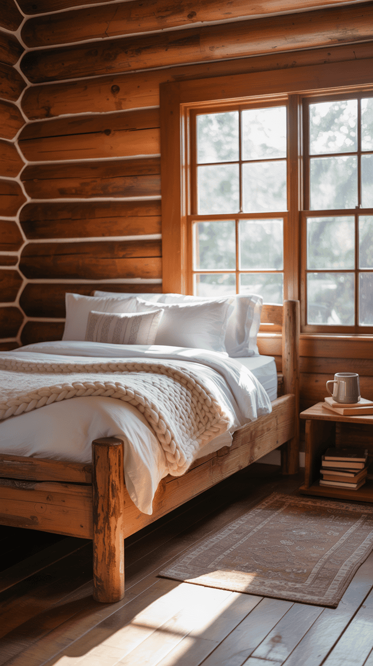 A cozy cabin bedroom with wooden walls, a bed with white linens, and a window letting in natural light.