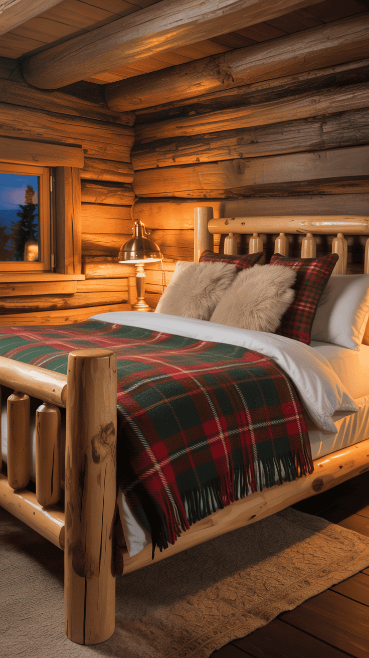 A cozy cabin bedroom featuring a wooden bed with a plaid blanket, soft pillows, and warm lighting.