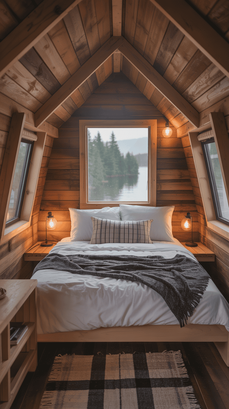 A cozy lofted sleeping area in a small cabin with wooden walls and a comfortable bed.