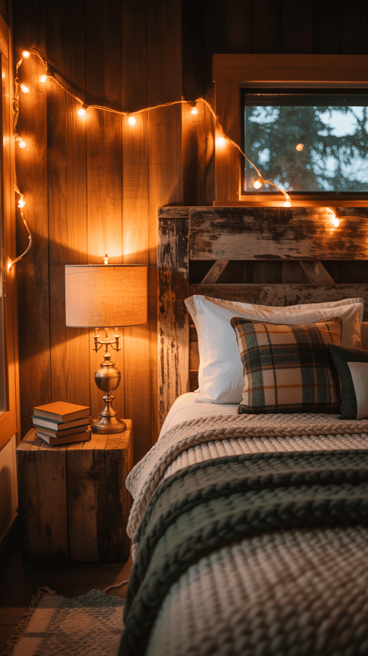 A cozy cabin bedroom with warm lighting, featuring string lights and a bedside lamp.