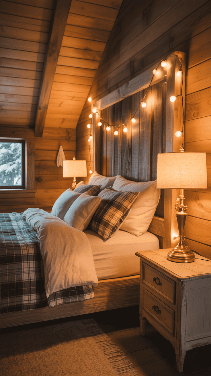 A cozy cabin bedroom with warm lighting, featuring string lights and a bedside lamp.
