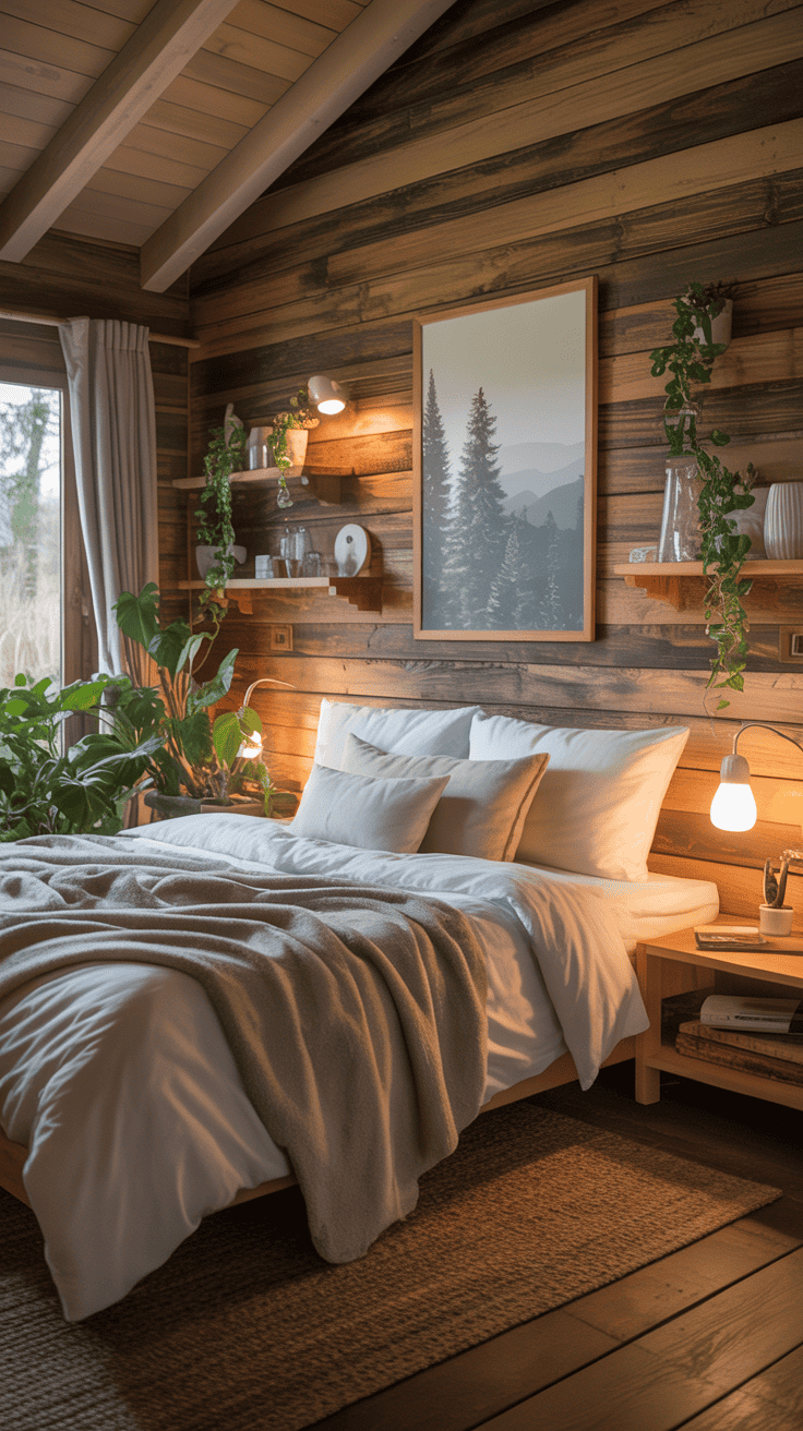 A cozy cabin bedroom featuring wooden walls, a comfortable bed, and plants.