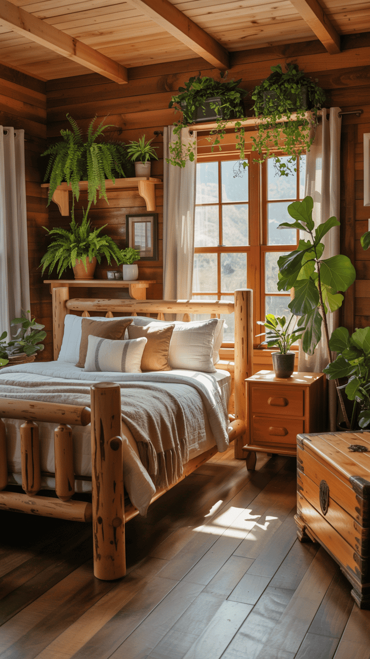 Cozy cabin bedroom with wooden furniture and indoor plants