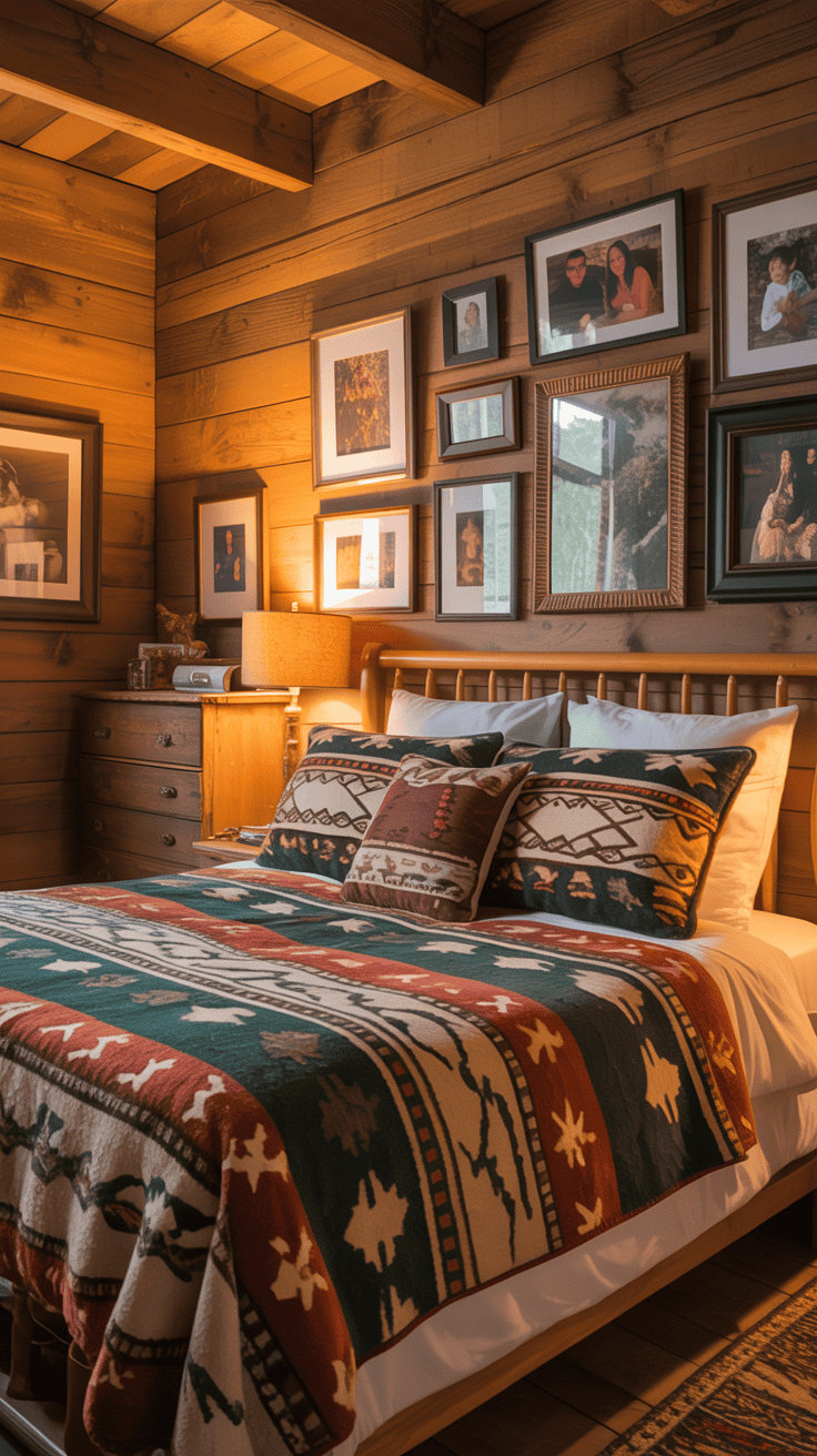 Cozy cabin bedroom with wooden walls, a bed with patterned blankets, and various framed photos on the wall.