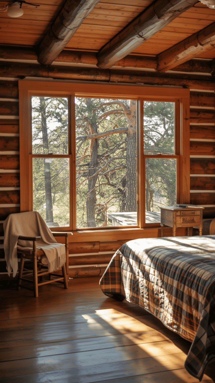 Cozy cabin bedroom with a large window overlooking trees