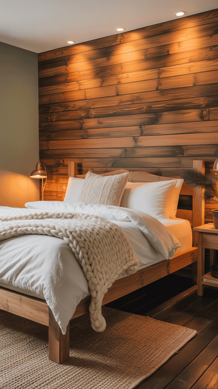 Wood-paneled accent wall in a cozy cabin bedroom