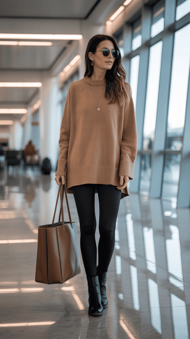 Winter airport outfit with camel cashmere sweater and black leggings.