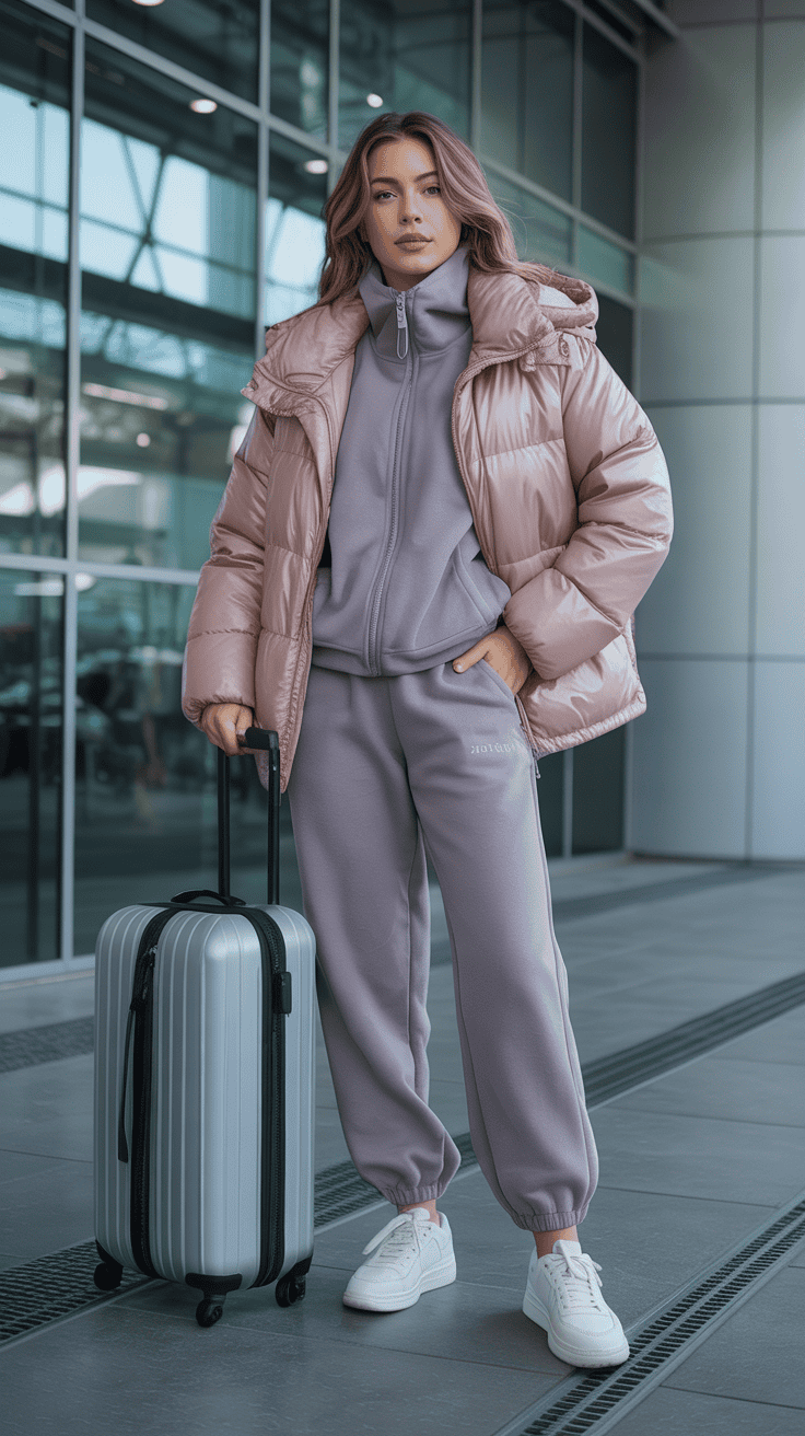 Grey matching tracksuit with puffer jacket for winter travel.