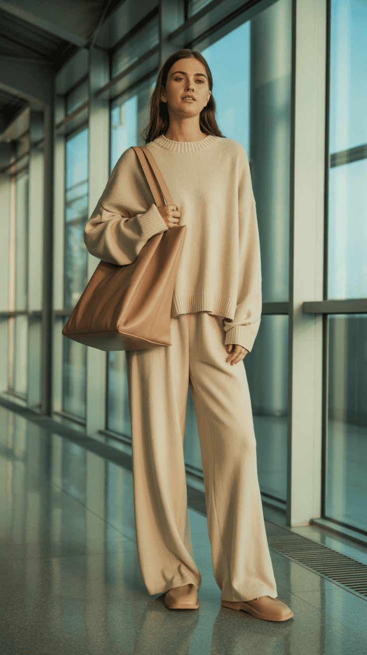 Cream knit travel set with wide-leg pants and sweater.