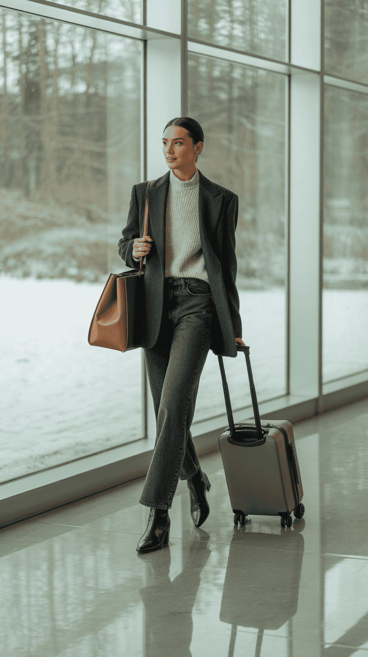 Winter airport outfit with dark jeans and blazer.