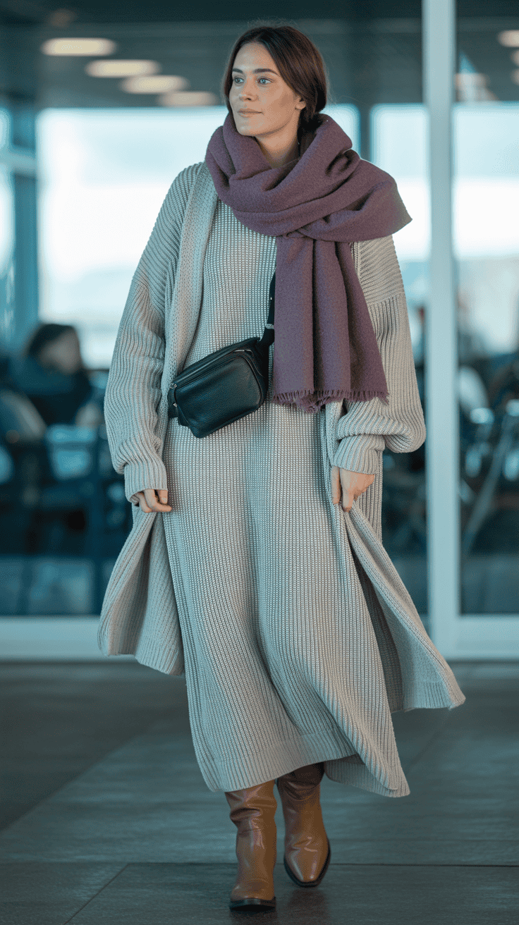 Layered knit maxi dress winter airport outfit.