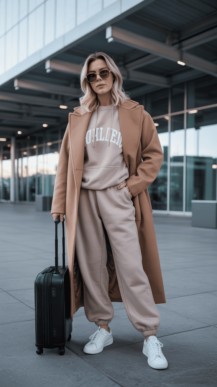 Neutral matching sweatsuit with structured wool coat.