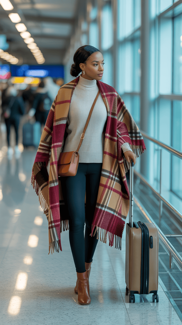 Winter travel outfit with oversized blanket scarf.