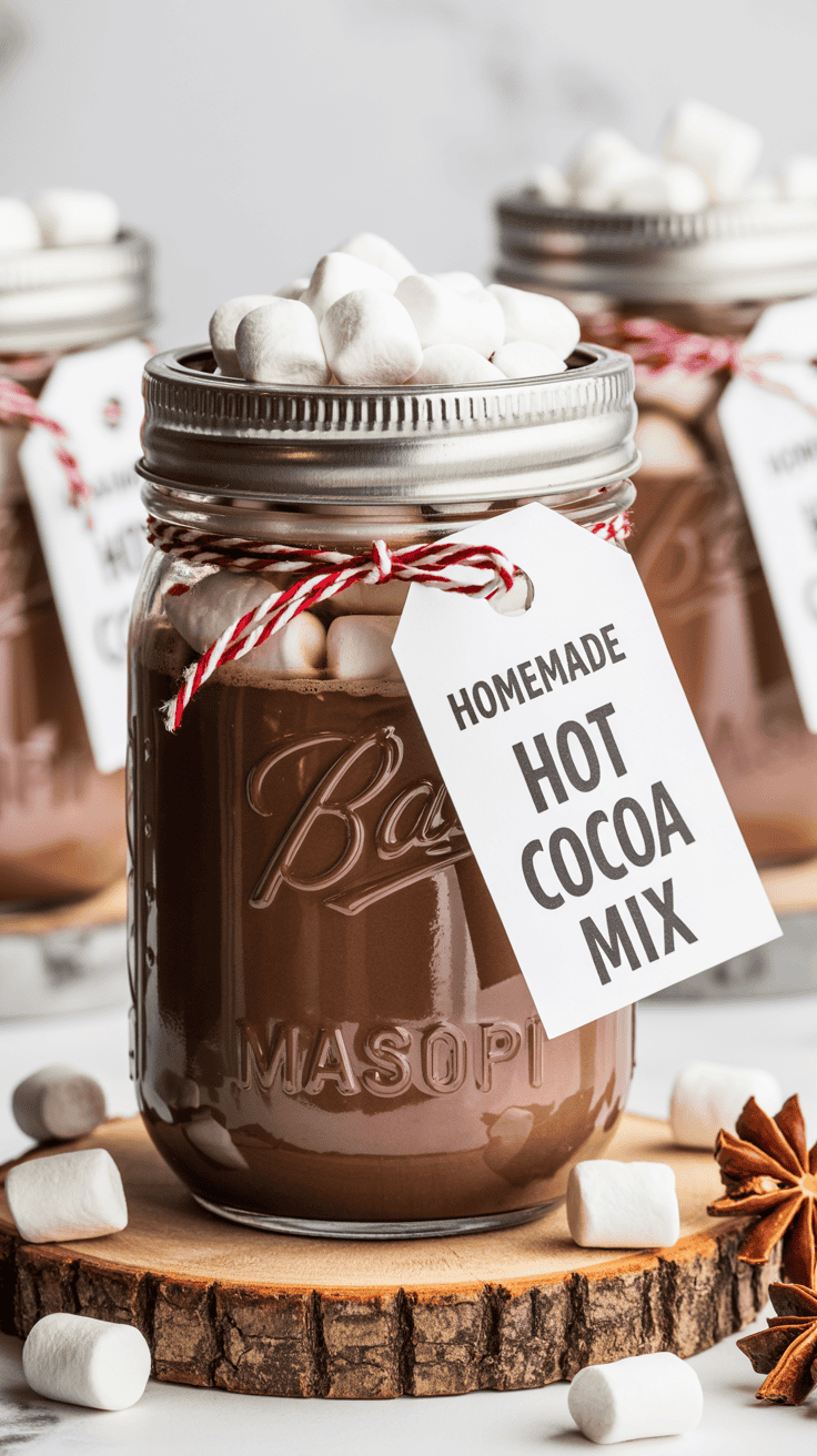 A mason jar filled with homemade hot cocoa mix, topped with marshmallows and a festive tag.
