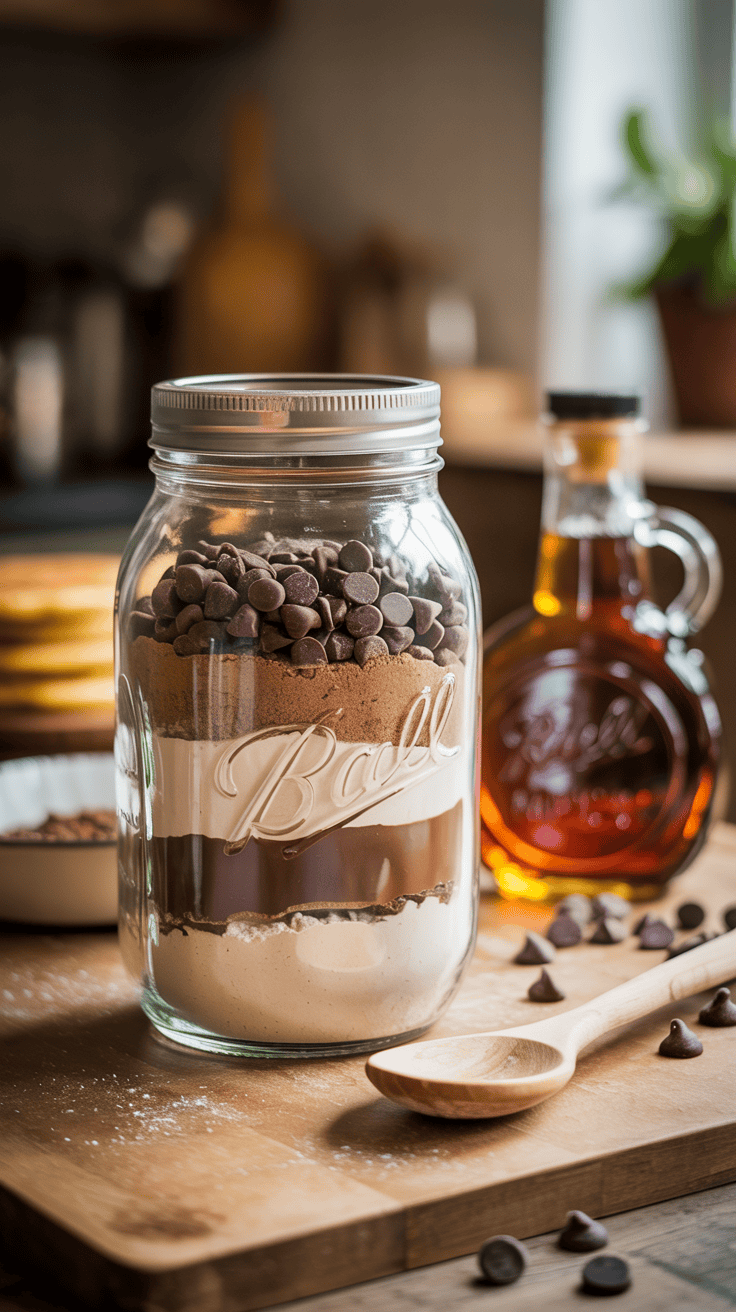 Mason jar filled with chocolate chip pancake mix and chocolate chips, with a bottle of syrup in the background.