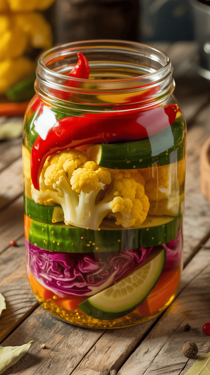 A jar filled with colorful spicy pickled vegetables on a wooden table.