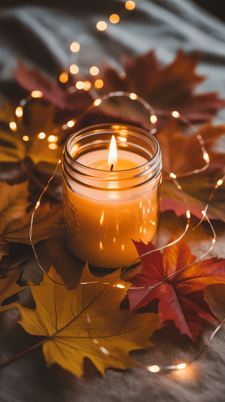 A lit candle in a glass jar surrounded by autumn leaves and fairy lights.