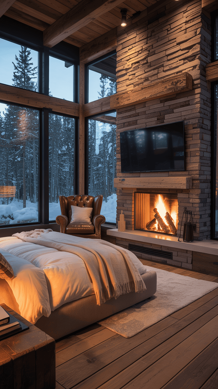 Cozy cabin bedroom featuring a sleek fireplace and large windows