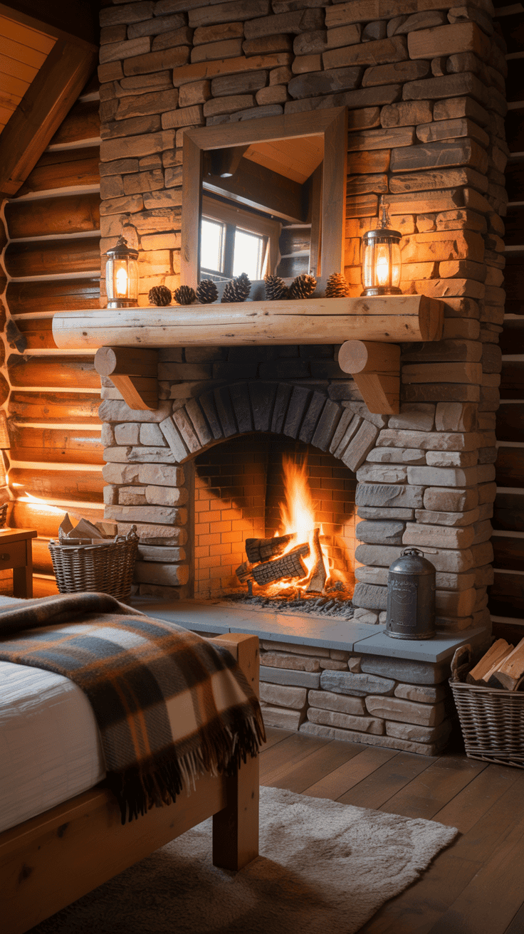 Cozy cabin bedroom with a stone fireplace and rustic decor.
