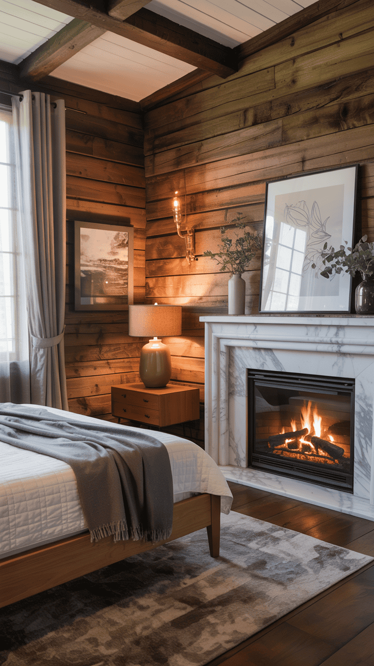 Cozy cabin bedroom with a marble fireplace and rustic wooden walls.