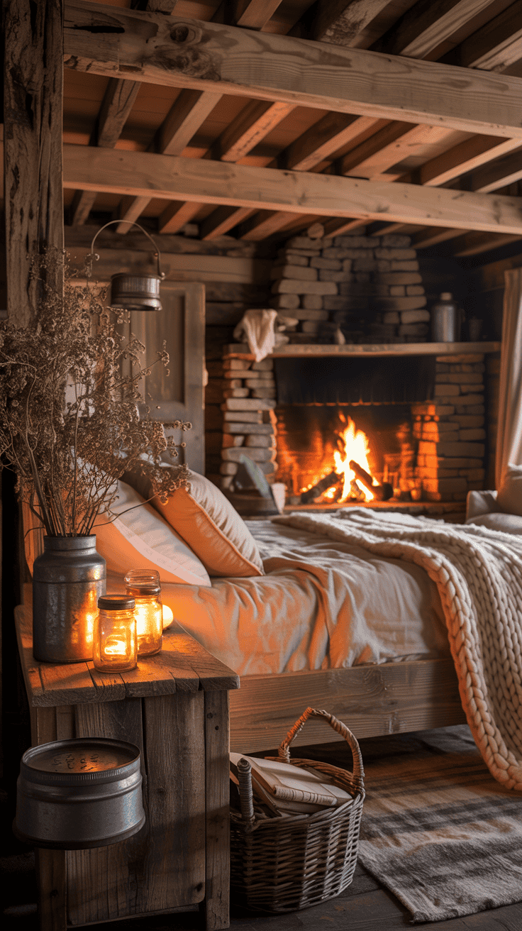 Cozy cabin bedroom with an open hearth fireplace and farmhouse decor.