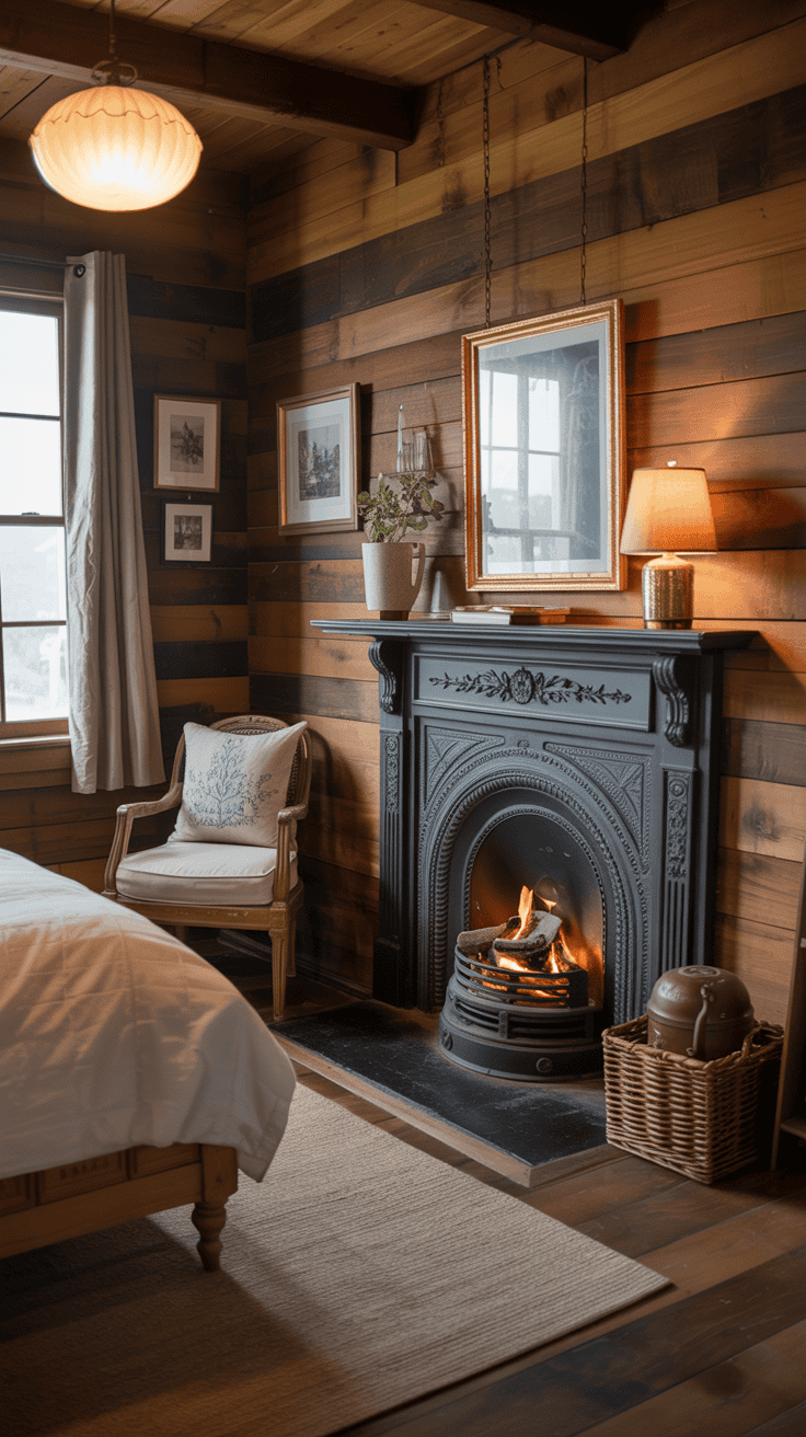 Cozy cabin bedroom with a cast iron fireplace and vintage decor.