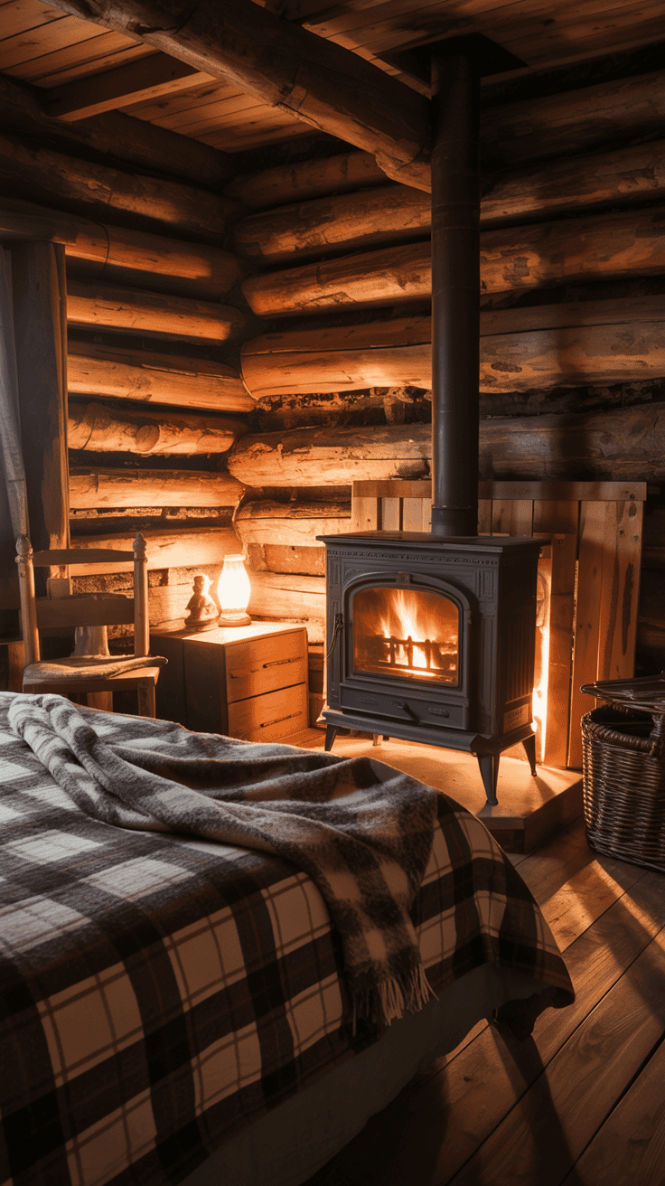 Cozy log cabin bedroom with a wood-burning stove and warm decor.
