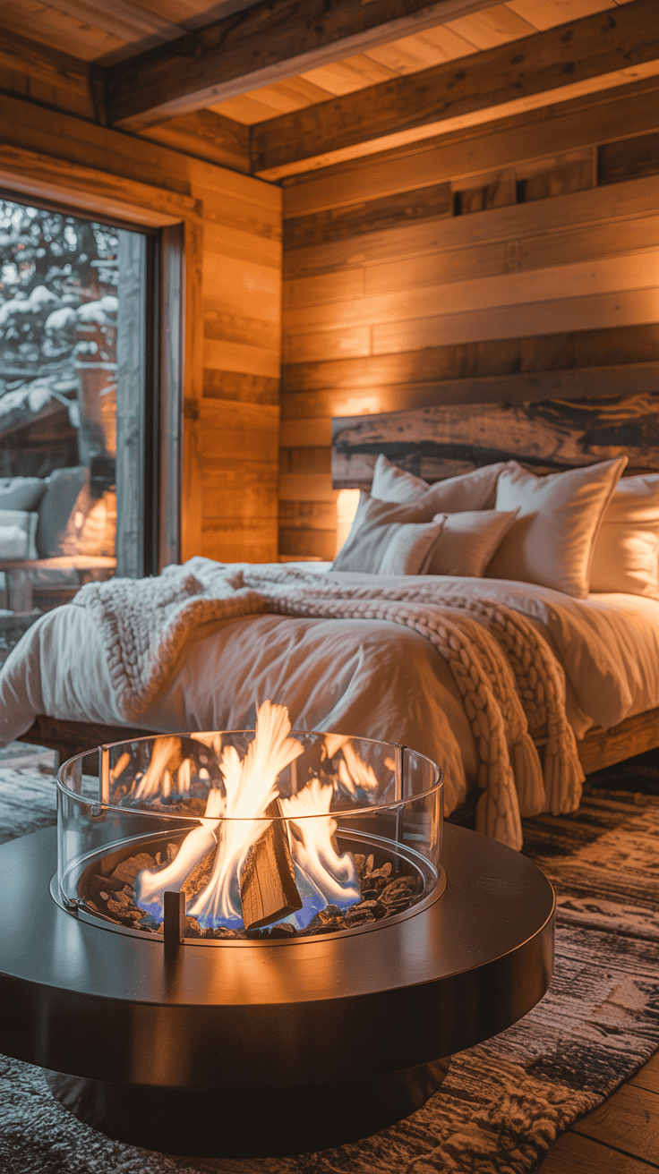 Cozy cabin bedroom featuring a modern fire pit, wooden walls, and soft bedding.
