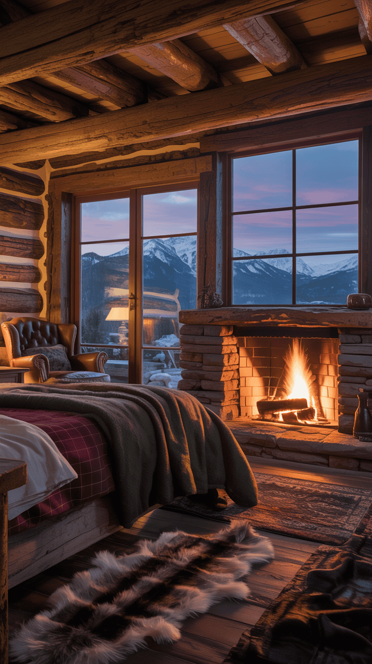 Cozy cabin bedroom with a fireplace and mountain view